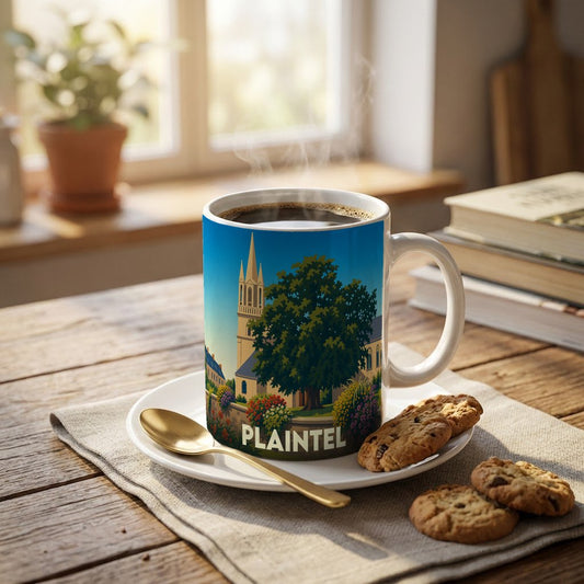 Mug souvenir de la ville de Plaintel illustré d'un paysage stylisé avec église et végétation.