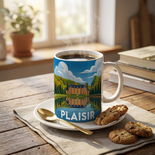 Mug souvenir de la ville de Plaisir avec une illustration stylisée d'un château.