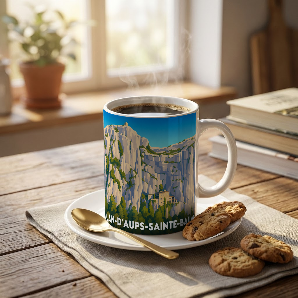 Mug souvenir de la ville de Plan-d'Aups-Sainte-Baume avec une illustration stylisée de son massif montagneux.