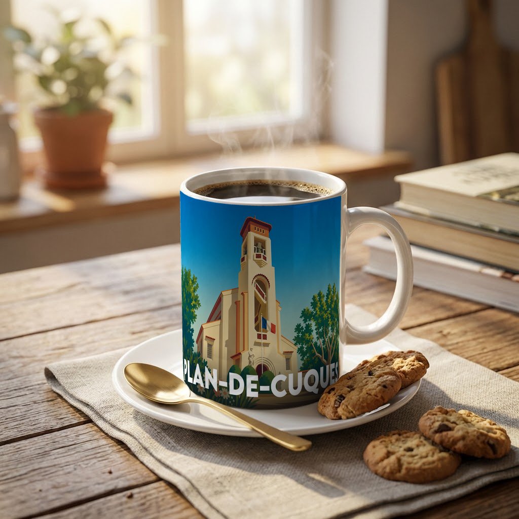 Mug souvenir de la ville de Plan-de-Cuques avec une illustration stylisée.
