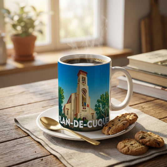 Mug souvenir de la ville de Plan-de-Cuques avec une illustration stylisée.