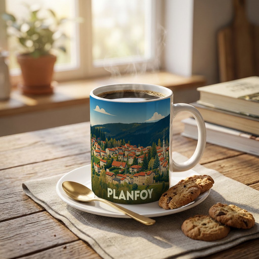 Mug souvenir de la ville de Planfoy avec une illustration stylisée d'un village de montagne.