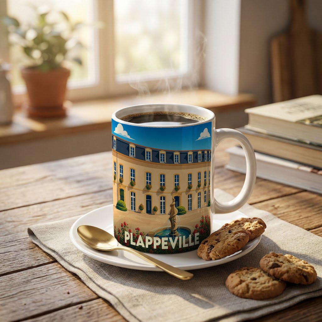 Mug souvenir de la ville de Plappeville avec une illustration stylisée d'un bâtiment historique et d'une fontaine.