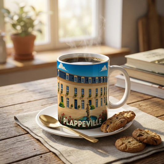 Mug souvenir de la ville de Plappeville avec une illustration stylisée d'un bâtiment historique et d'une fontaine.