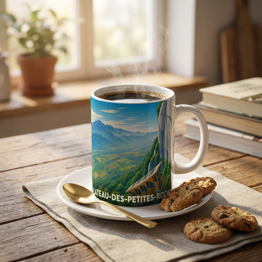 Mug souvenir de la ville de Plateau-des-Petites-Roches orné d'une illustration stylisée de paysages montagneux.