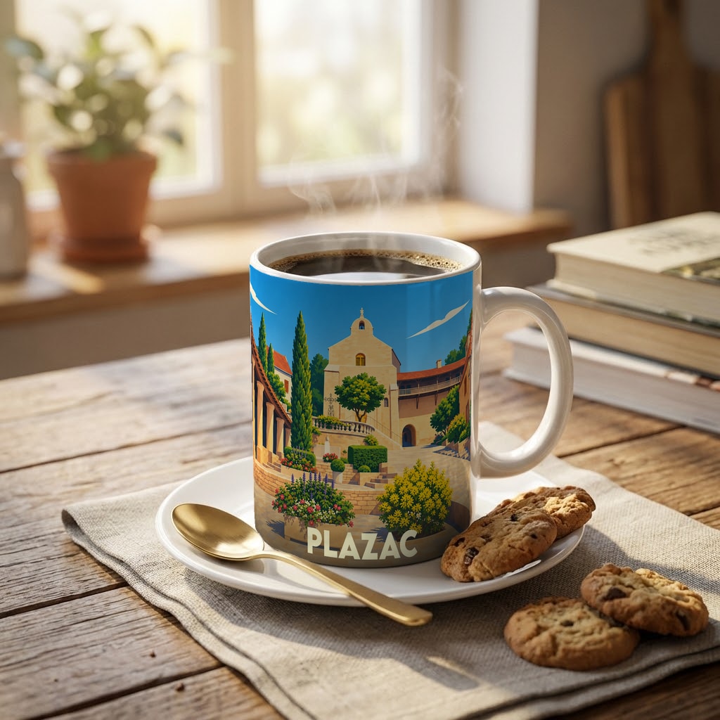 Mug souvenir de la ville de Plazac avec une illustration stylisée.