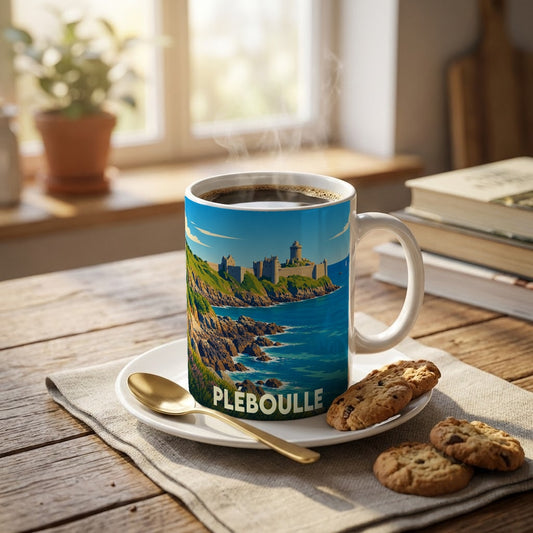 Mug souvenir de la ville de Pléboulle illustré par un paysage côtier avec un château médiéval.