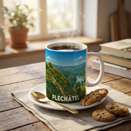 Mug souvenir de Pléchâtel illustré d'un paysage vallonné et boisé au bord d'une rivière.