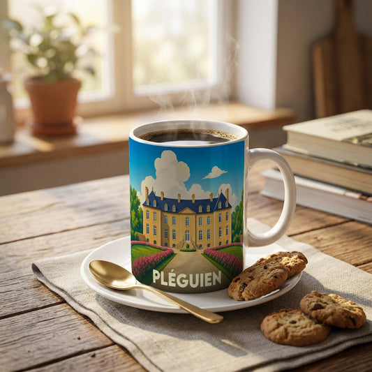 Mug souvenir de la ville de Pléguien illustré d'un château majestueux entouré de jardins fleuris.