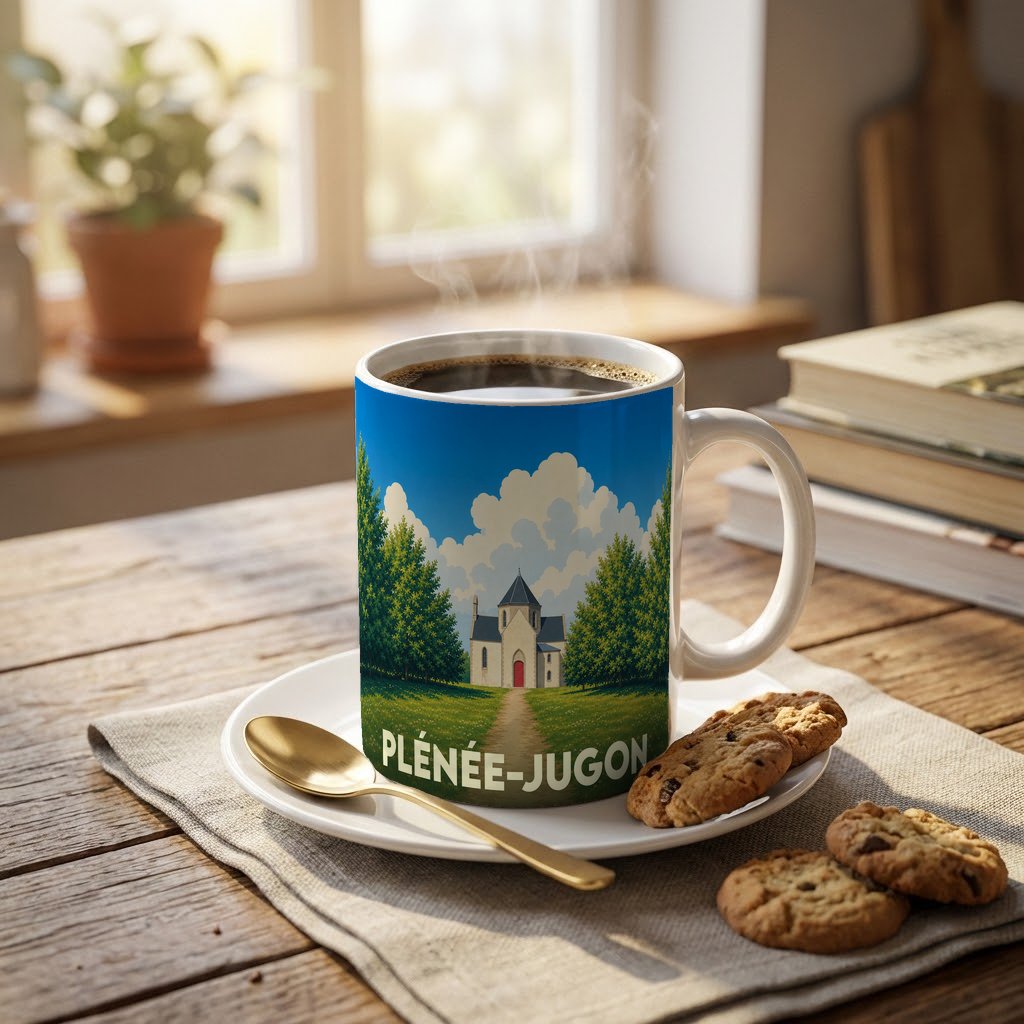 Mug souvenir de la ville de Plénée-Jugon illustré d'un paysage champêtre avec une église.