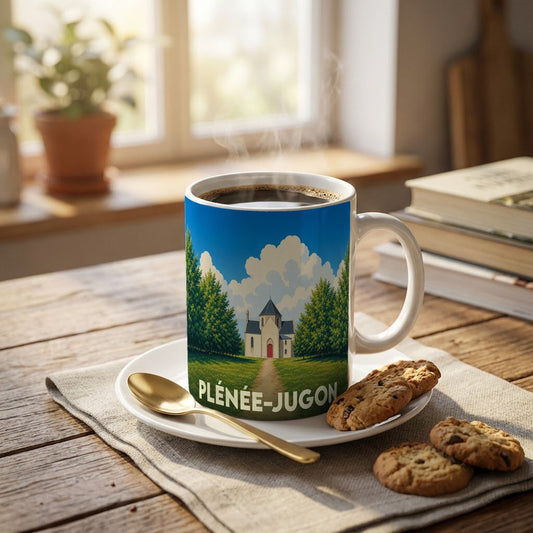 Mug souvenir de la ville de Plénée-Jugon illustré d'un paysage champêtre avec une église.