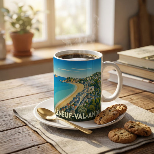 Mug souvenir de la ville de Pléneuf-Val-André avec une illustration stylisée de sa côte.