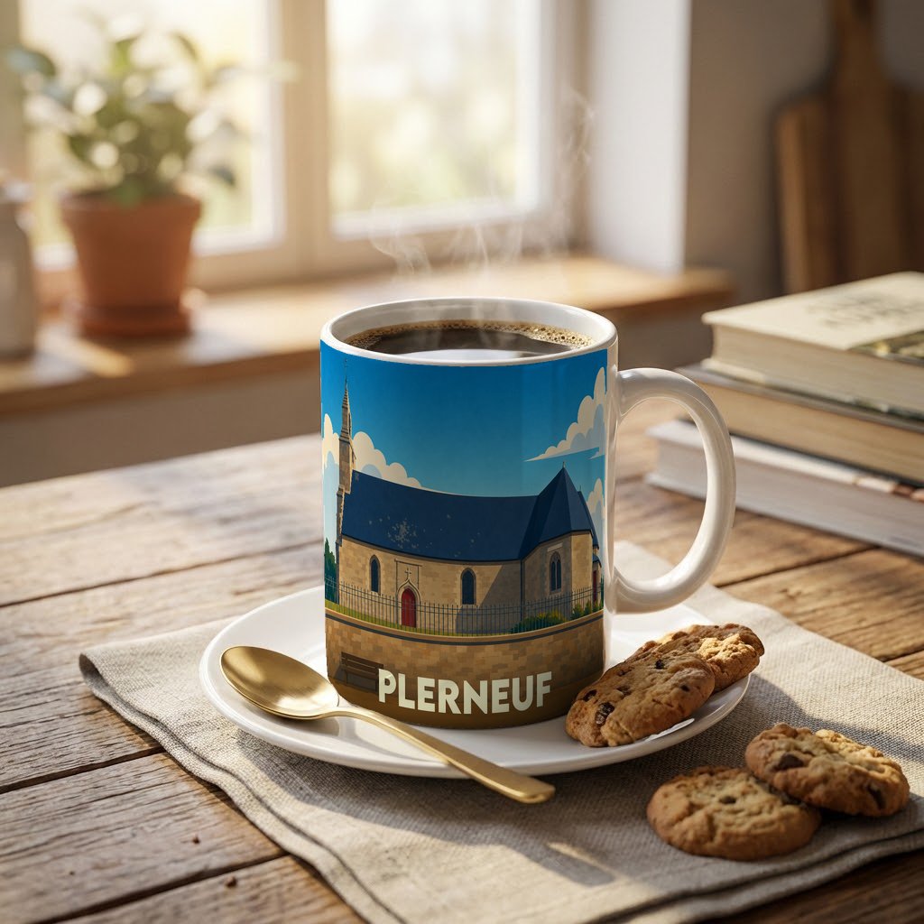 Mug souvenir de la ville de Plerneuf avec une illustration stylisée d'une église sous un ciel bleu.