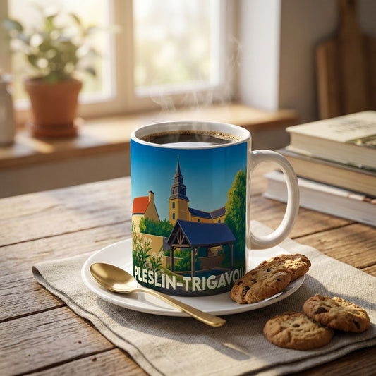 Mug souvenir de la ville de Pleslin-Trigavou avec une illustration stylisée.