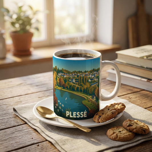 Mug souvenir de la ville de Plessé avec une illustration stylisée d'un paysage lacustre.