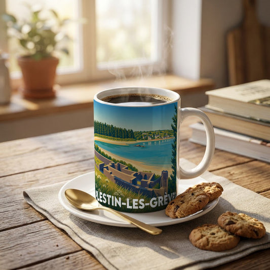 Mug souvenir de la ville de Plestin-les-Grèves avec une illustration stylisée de son paysage côtier.