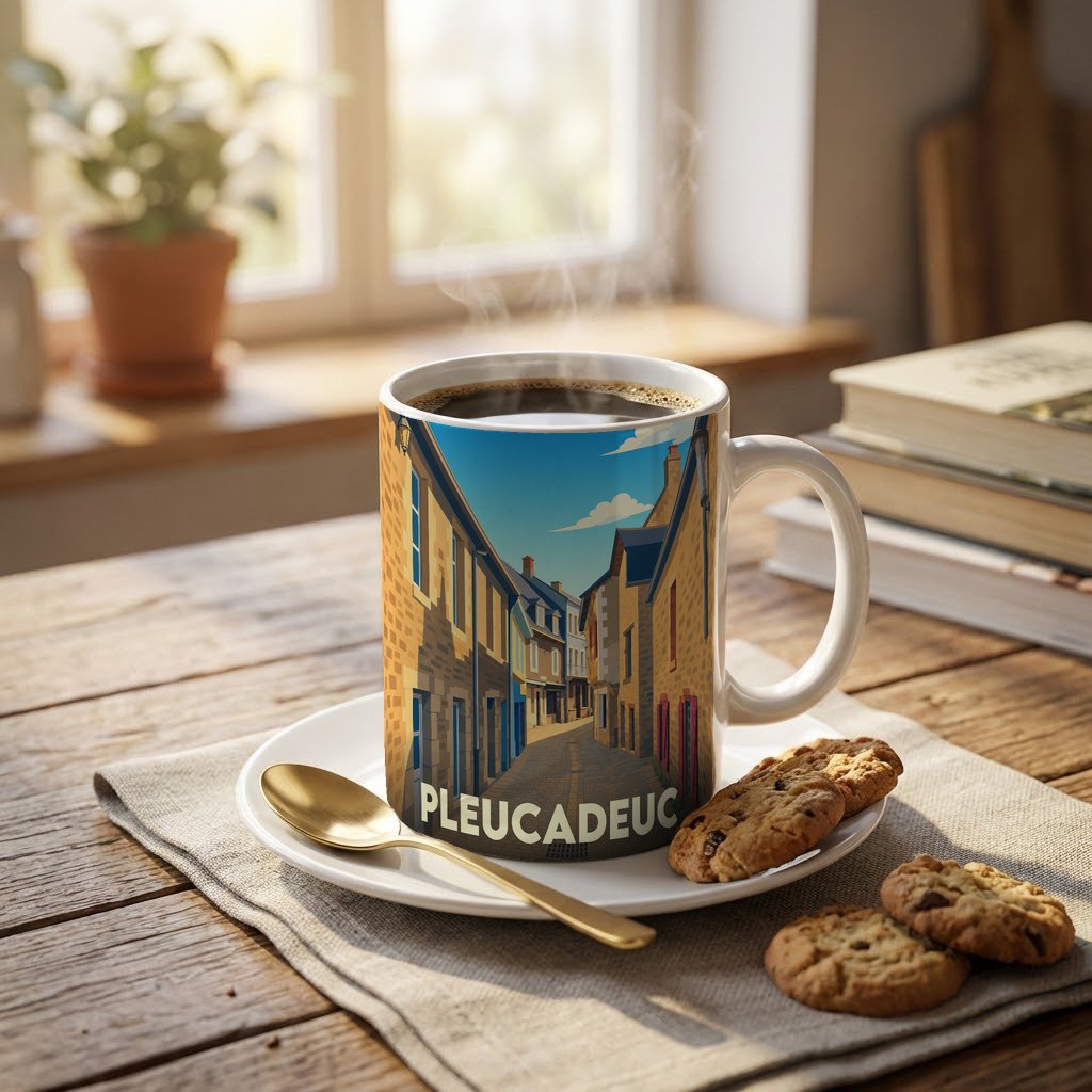 Mug souvenir de la ville de Pleucadeuc avec une illustration stylisée d'une rue typique.