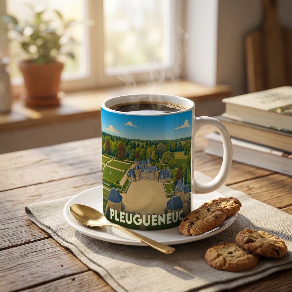 Mug souvenir de la ville de Pleugueneuc illustré d'un château stylisé dans un paysage verdoyant.