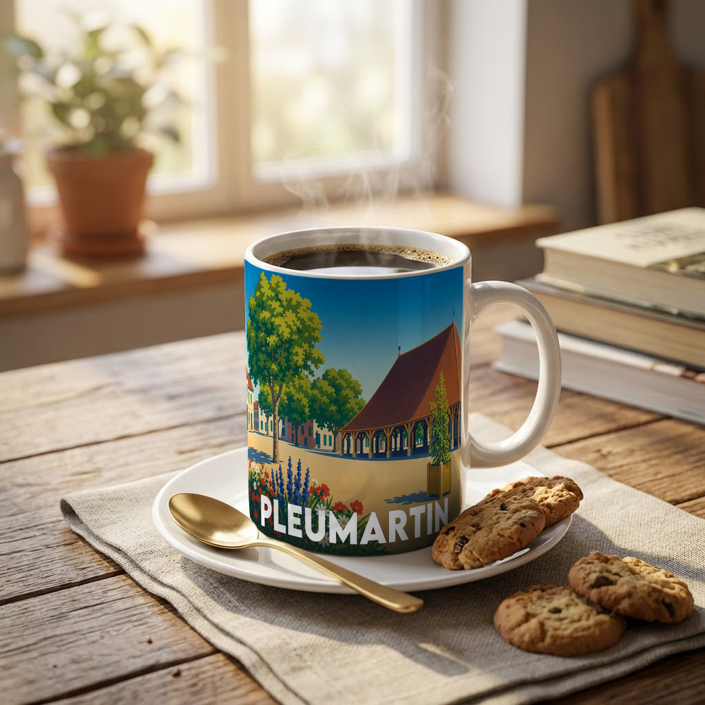 Mug souvenir de la ville de Pleumartin avec une illustration stylisée.