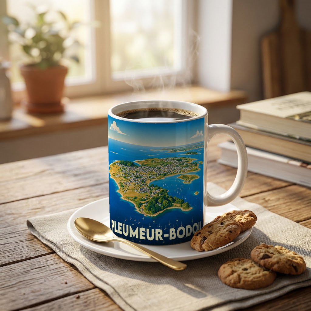 Mug souvenir de la ville de Pleumeur-Bodou avec une illustration stylisée d'un paysage côtier.