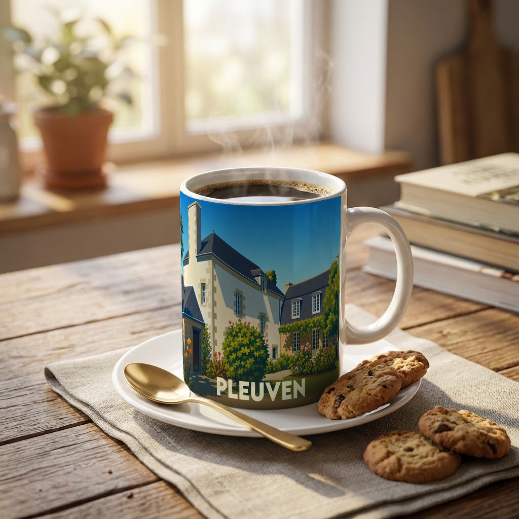 Mug souvenir de la ville de Pleuven avec une illustration stylisée d'une maison traditionnelle bretonne.