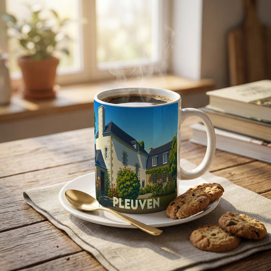 Mug souvenir de la ville de Pleuven avec une illustration stylisée d'une maison traditionnelle bretonne.