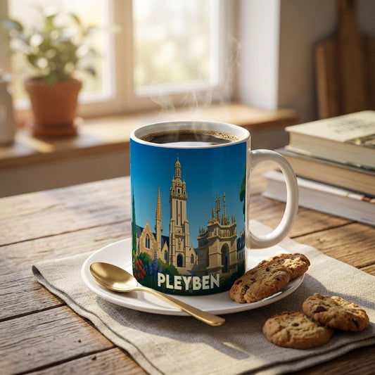 Mug souvenir de la ville de Pleyben avec une illustration stylisée de son enclos paroissial.