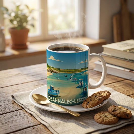 Mug souvenir de la ville de Plobannalec-Lesconil avec une illustration stylisée d'un port de pêche breton.