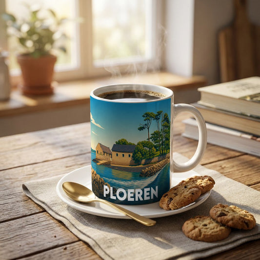 Mug souvenir de la ville de Ploeren arborant une illustration stylisée de son paysage côtier.
