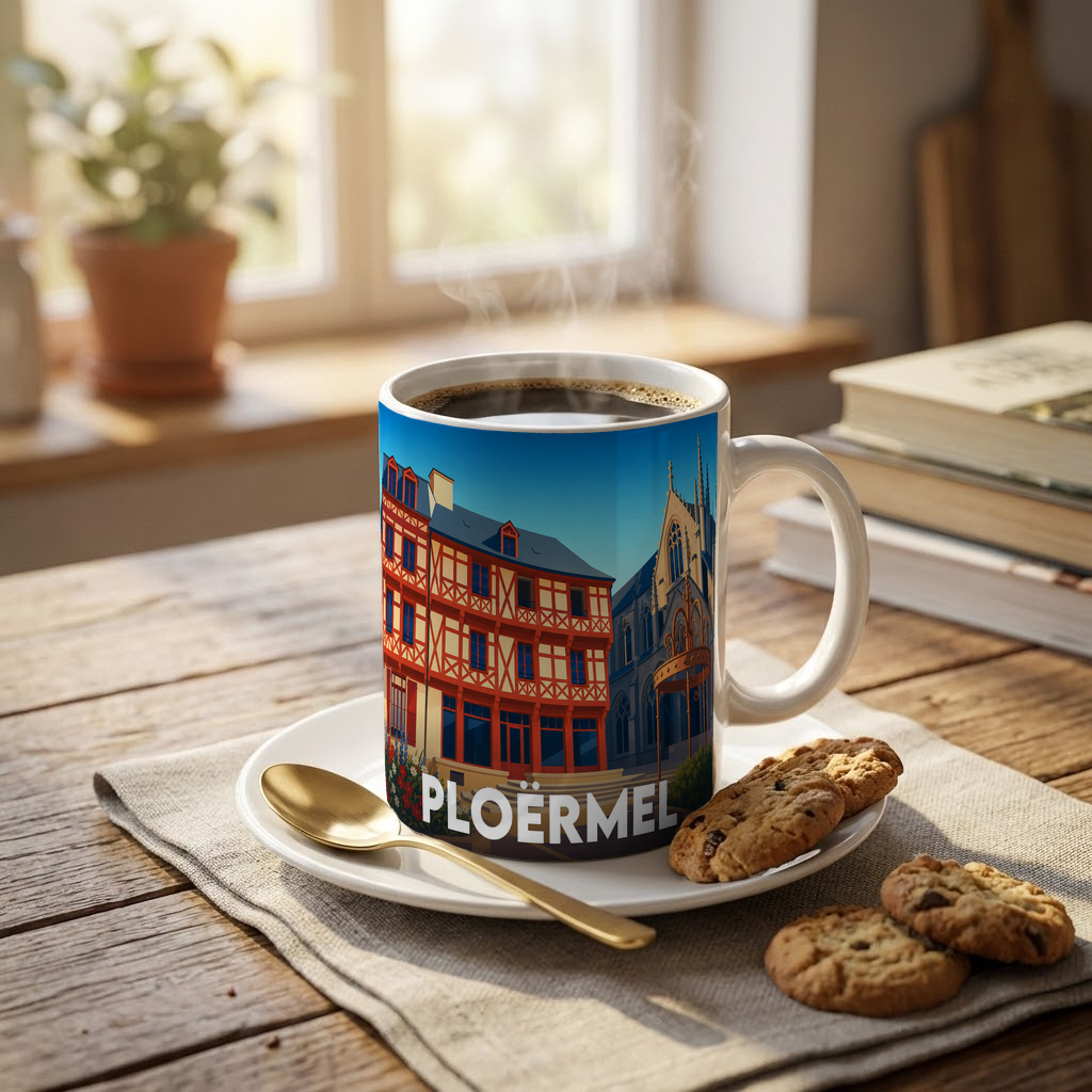 Mug souvenir de la ville de Ploërmel orné d'une illustration stylisée de maisons à pans de bois.
