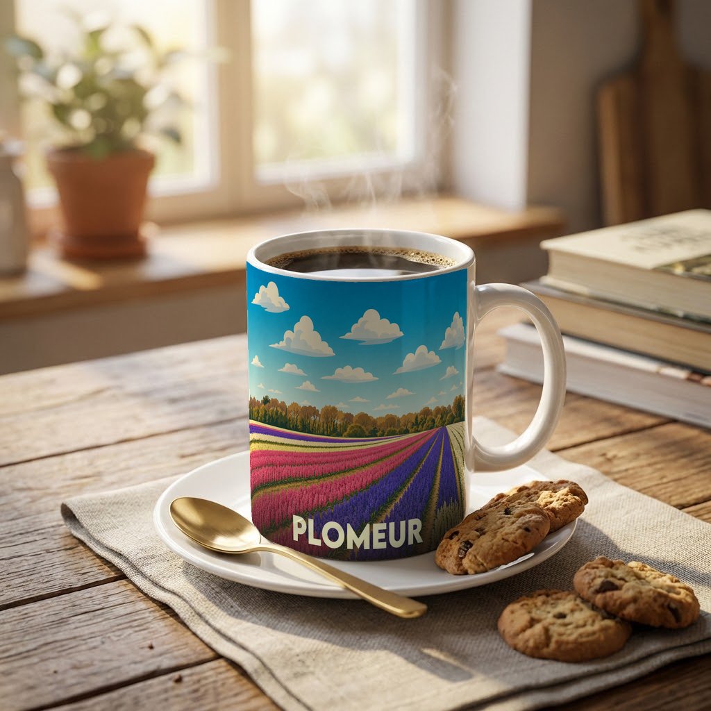 Mug souvenir de la ville de Plomeur orné d'une illustration stylisée de champs de fleurs colorés.