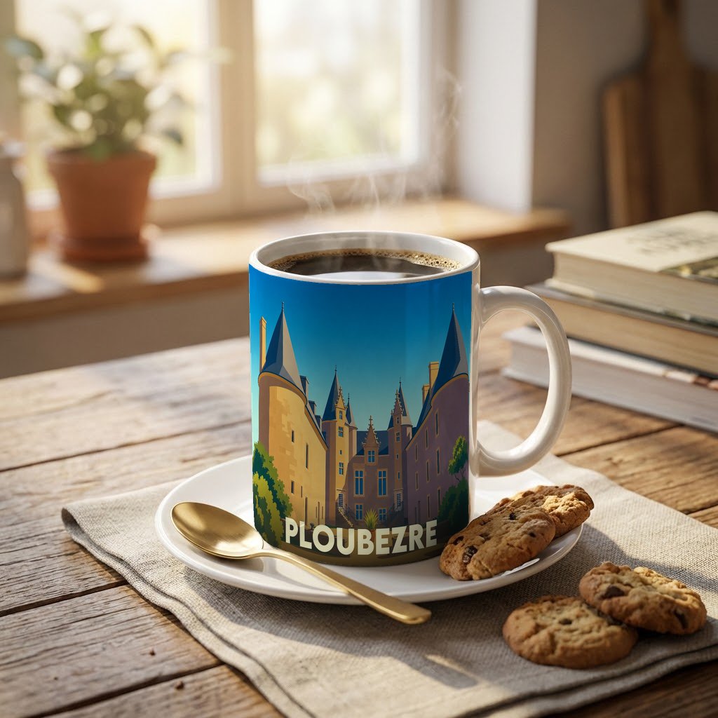 Mug souvenir de la ville de Ploubezre avec une illustration stylisée d'un château.