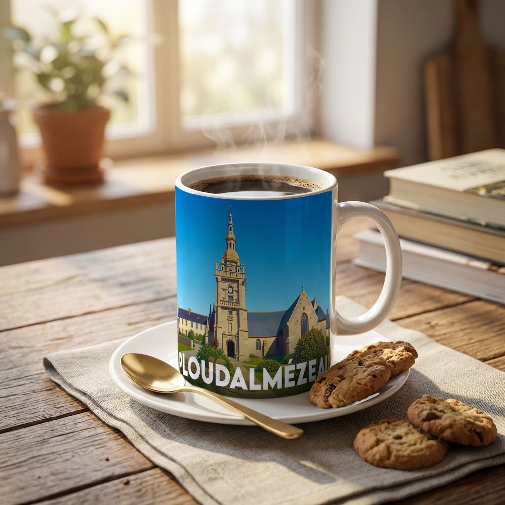 Mug souvenir de la ville de Ploudalmézeau avec une illustration stylisée de son église.