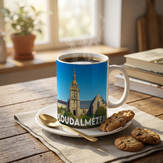 Mug souvenir de la ville de Ploudalmézeau avec une illustration stylisée de son église.