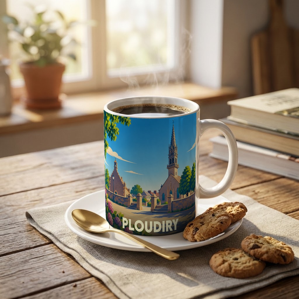 Mug souvenir de la ville de Ploudiry avec une illustration stylisée de son église et de son calvaire.