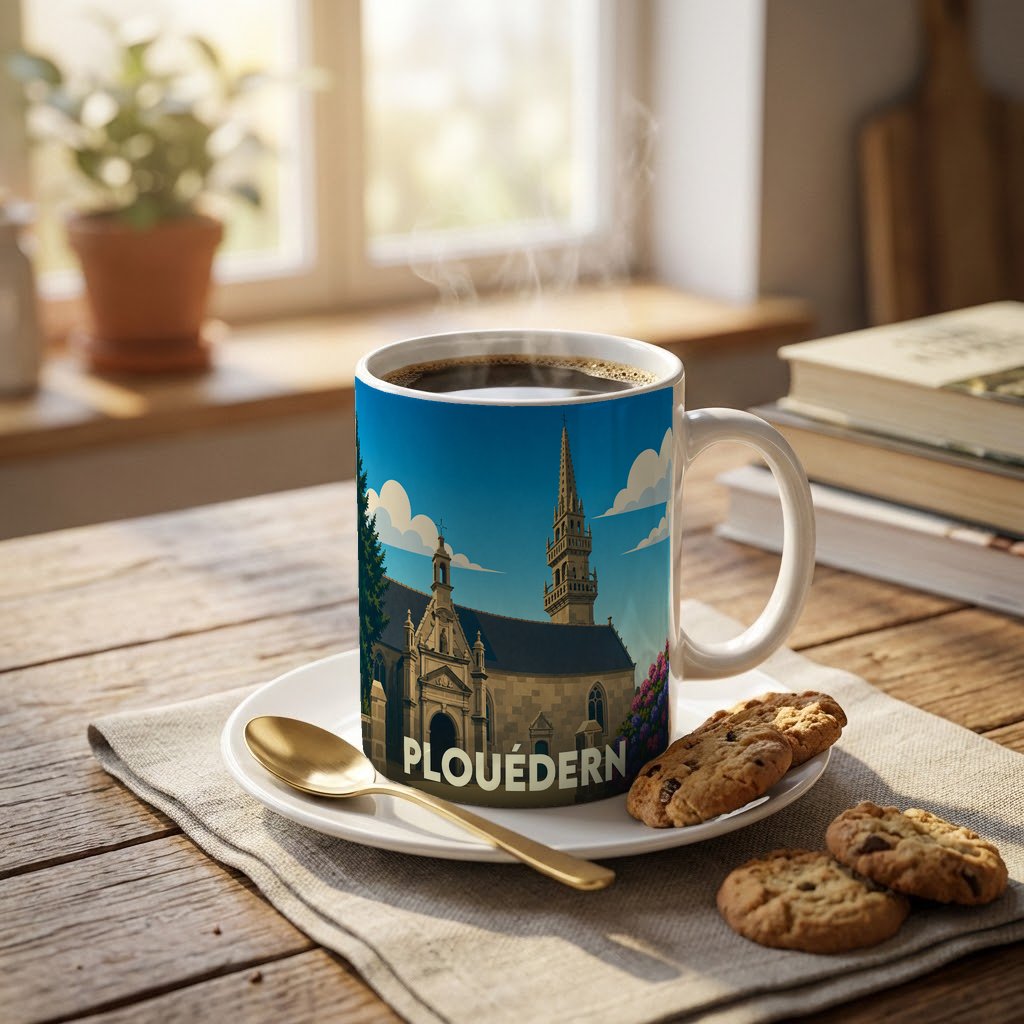 Mug souvenir de la ville de Plouédern orné d'une illustration stylisée de son église.