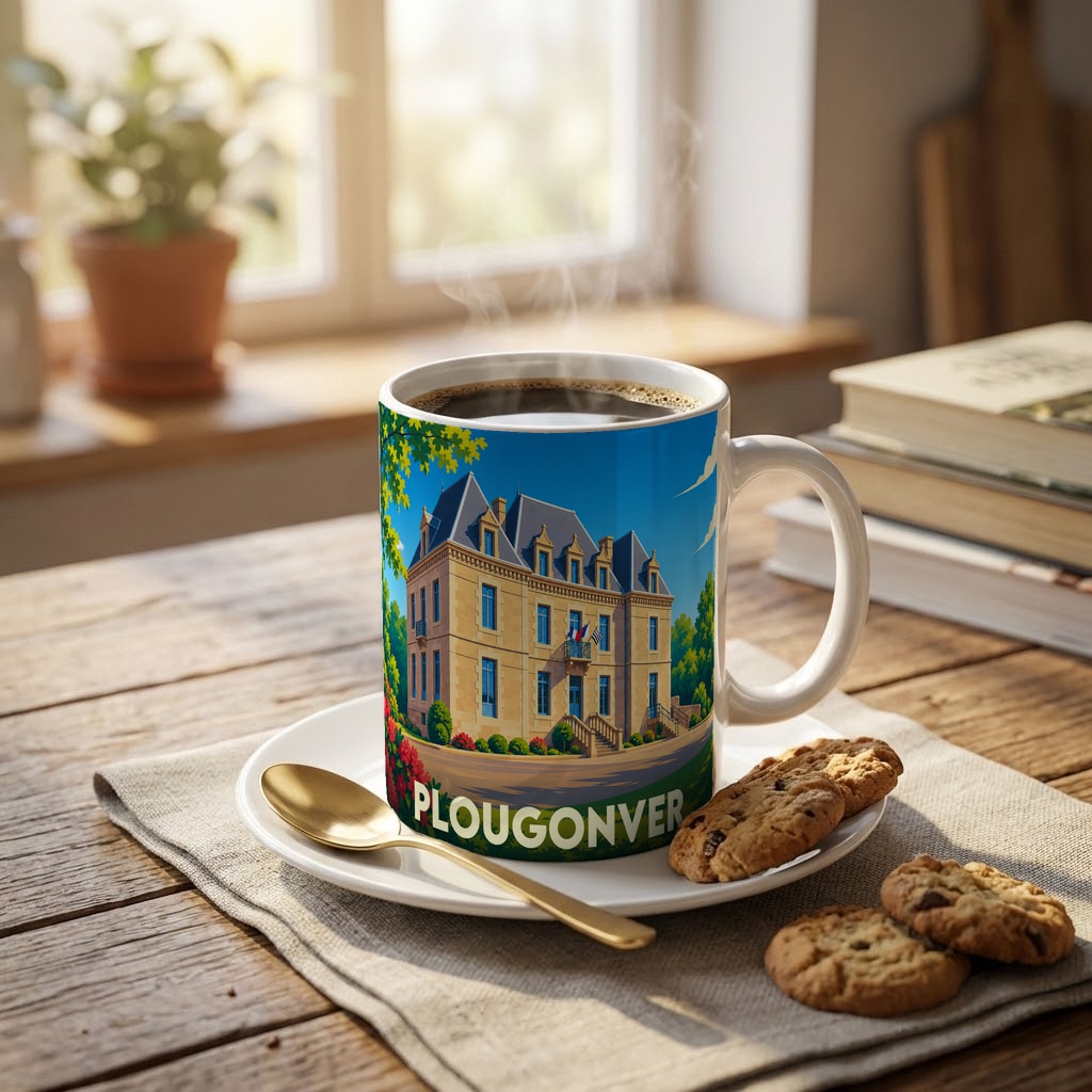 Mug souvenir de la ville de Plougonver illustré d'un bâtiment historique stylisé sous un ciel bleu.