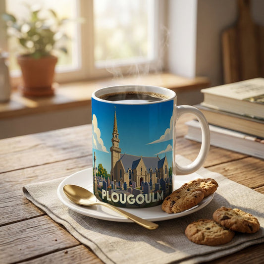 Mug souvenir de la ville de Plougoulm orné d'une illustration stylisée de son église et de son cimetière.