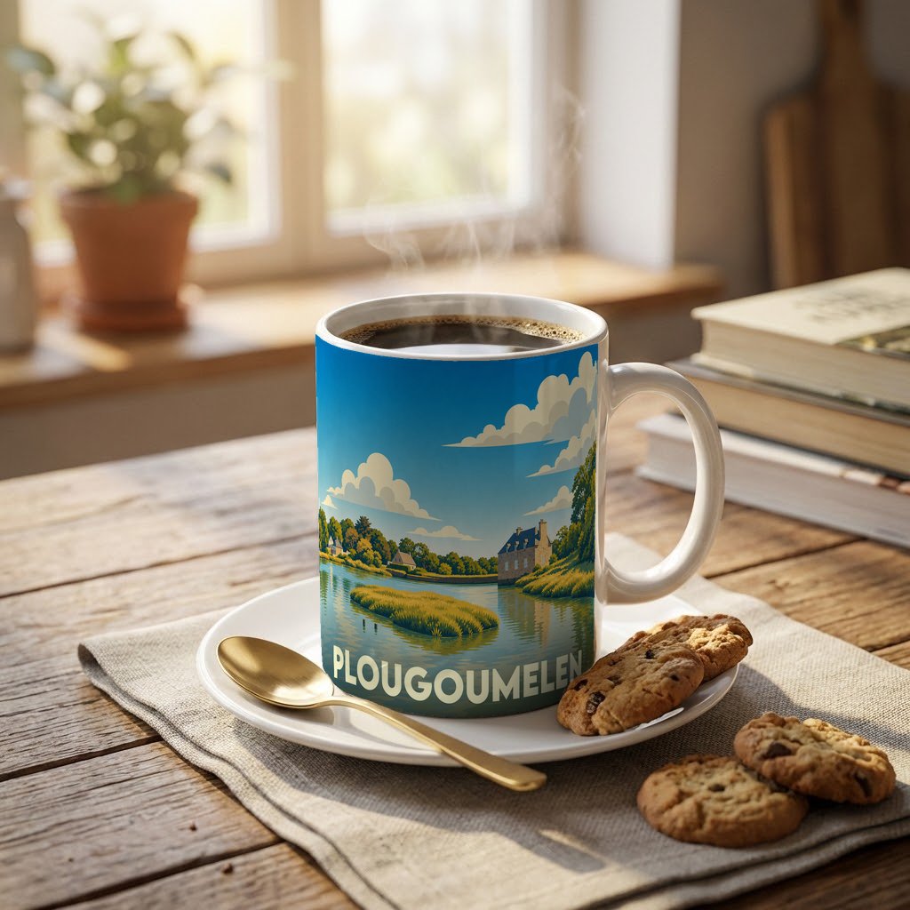 Mug souvenir de la ville de Plougoumelen avec une illustration stylisée de son paysage côtier.