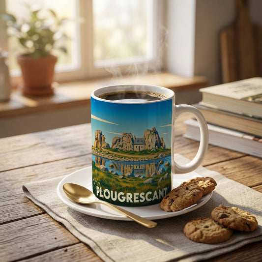 Mug souvenir de la ville de Plougrescant avec une illustration stylisée d'une maison entre deux rochers.