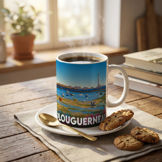 Mug souvenir de la ville de Plouguerneau orné d'une illustration stylisée du littoral et de son phare.