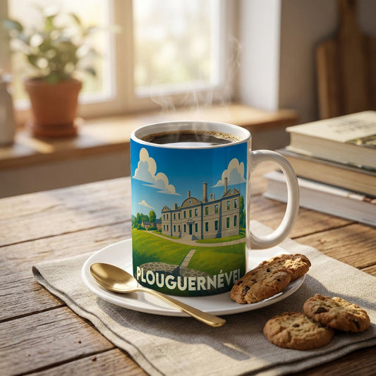 Mug souvenir de Plouguernével orné d'une illustration stylisée de son patrimoine architectural sur fond de paysage verdoyant.