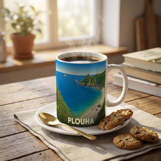 Mug souvenir de la ville de Plouha orné d'une illustration stylisée de son littoral escarpé.