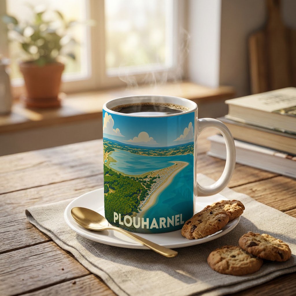 Mug souvenir de la ville de Plouharnel illustré d'un paysage côtier stylisé.
