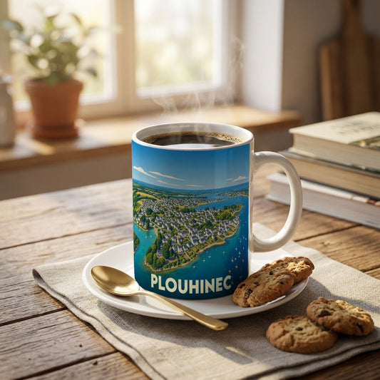 Mug souvenir de la ville de Plouhinec orné d'une illustration panoramique stylisée.