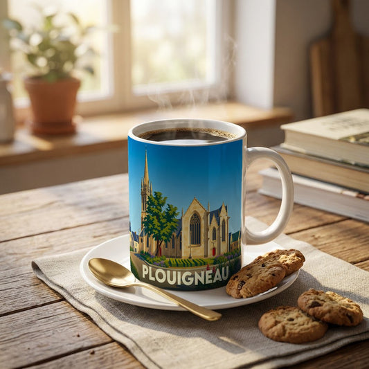 Mug souvenir de la ville de Plouigneau illustré d'une église stylisée sur fond de ciel bleu.
