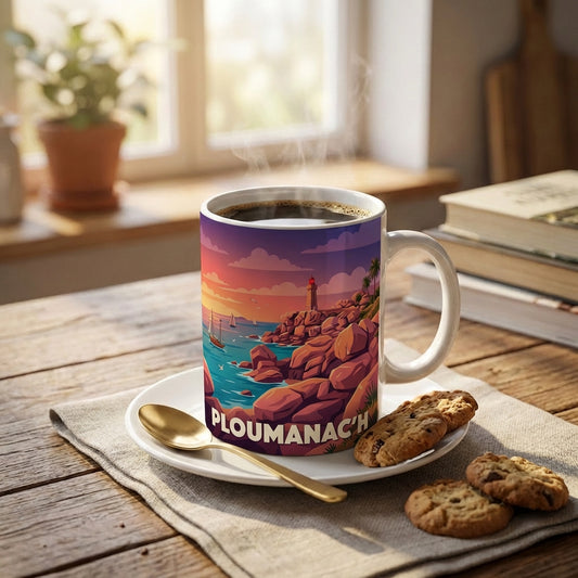Mug souvenir de la ville de Ploumanac'h avec une illustration stylisée de son phare et de son littoral rocheux.