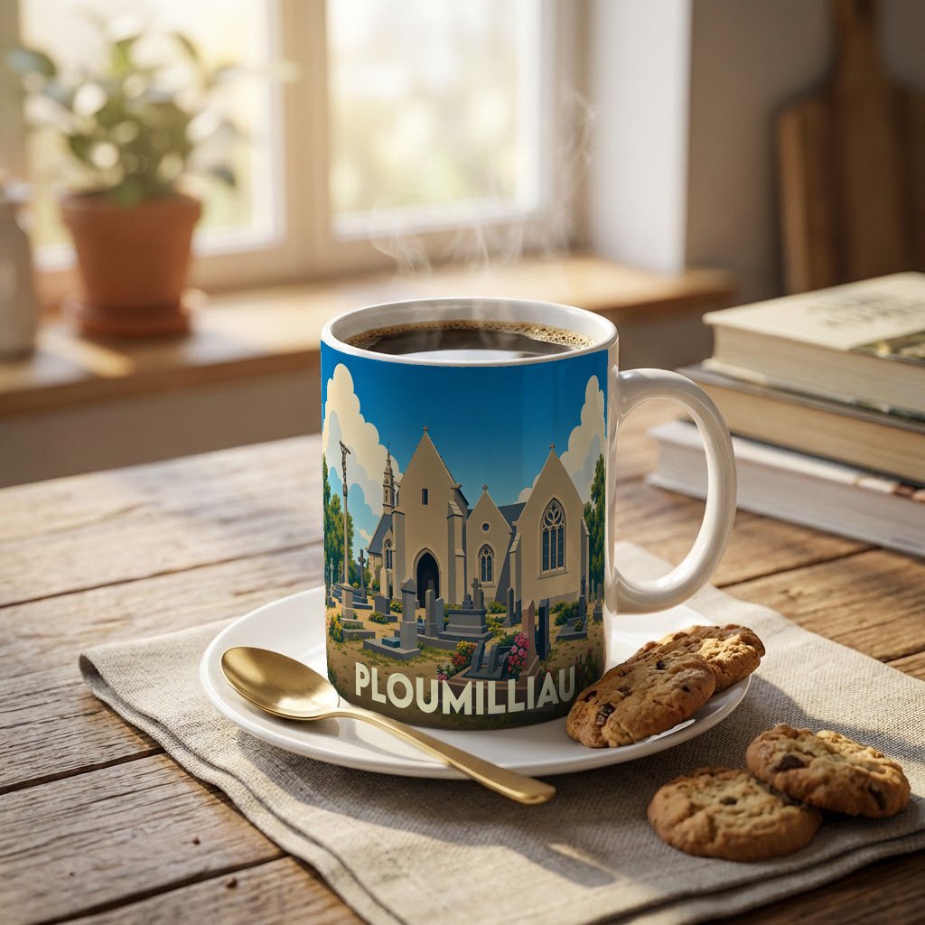 Mug souvenir de la ville de Ploumilliau avec une illustration stylisée d'une église et de son cimetière.