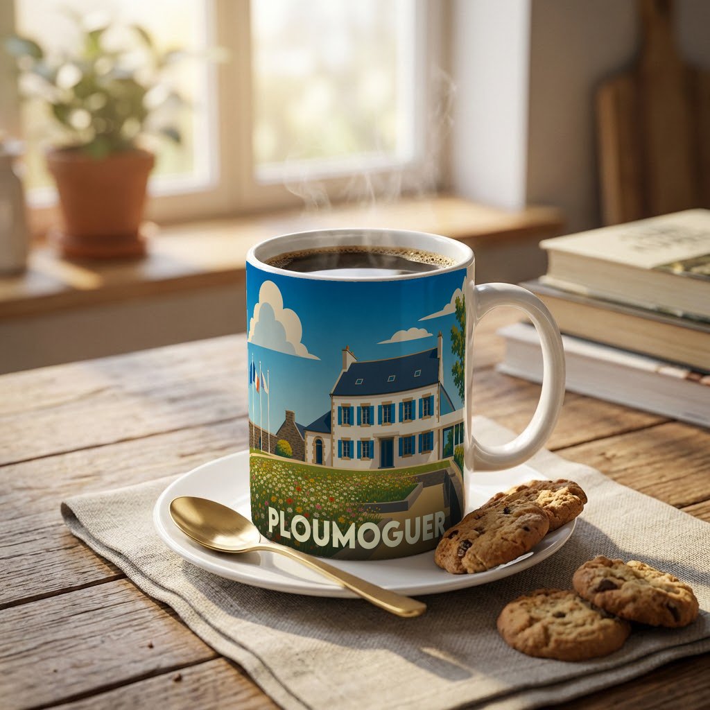 Mug souvenir de la ville de Ploumoguer avec une illustration stylisée d'une maison traditionnelle bretonne.
