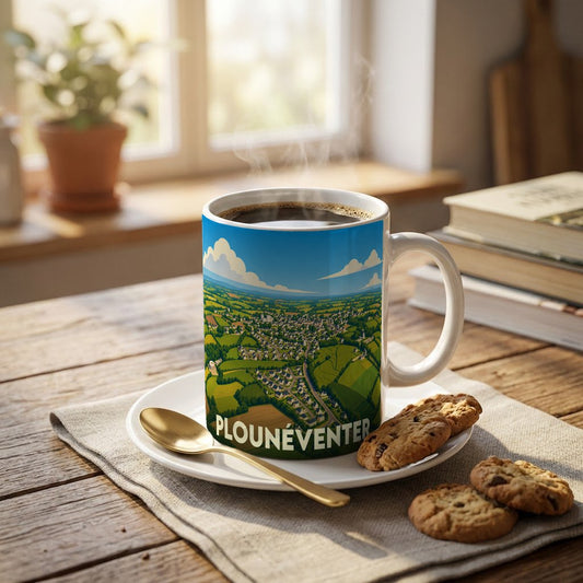Mug souvenir de la ville de Plounéventer avec une illustration stylisée d'un paysage de campagne vue du ciel.
